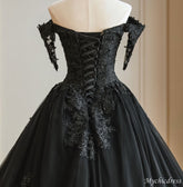 Ball Gown Lace Black Wedding Dress Beaded with Cold Shoulder - MyChicDress